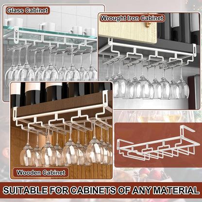 AUHOKY 2Pcs Adjustable Wine Glass Rack Under Cabinet, Punch-Free 4 Rows Stemware Wine Glass Metal Holder, Hanging Wine Glasses Storage Hanger Organizer for Shelf Kitchen Bar Decor(White, 4 Rows)