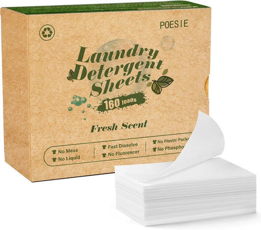 Poesie Laundry Detergent Sheets Fresh Scent 160 Count Clear Non-Plastic Hypoallergenic Liquid Less