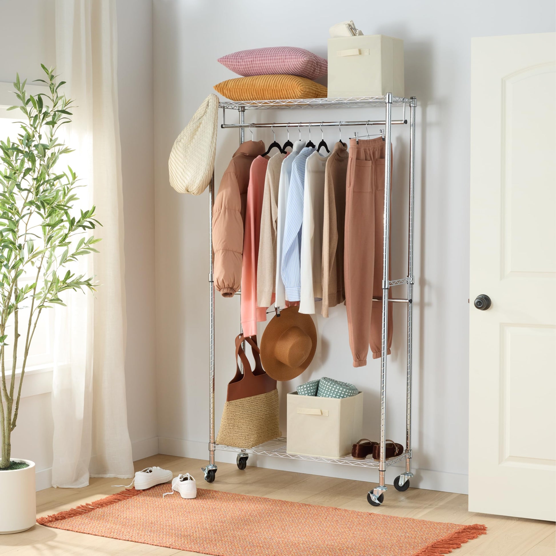 Amazon Basics Adjustable Double Rod Rolling Garment Rack, Hanging Clothes Closet Organizer with