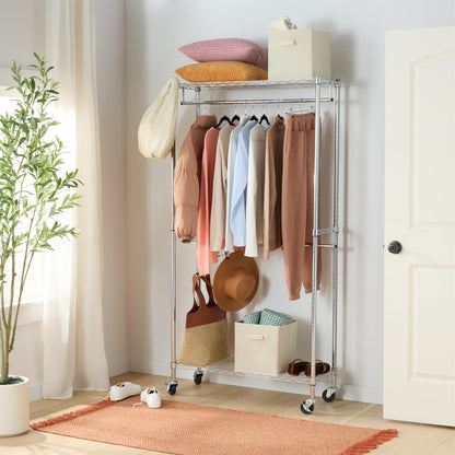 Amazon Basics Adjustable Double Rod Rolling Garment Rack, Hanging Clothes Closet Organizer with
