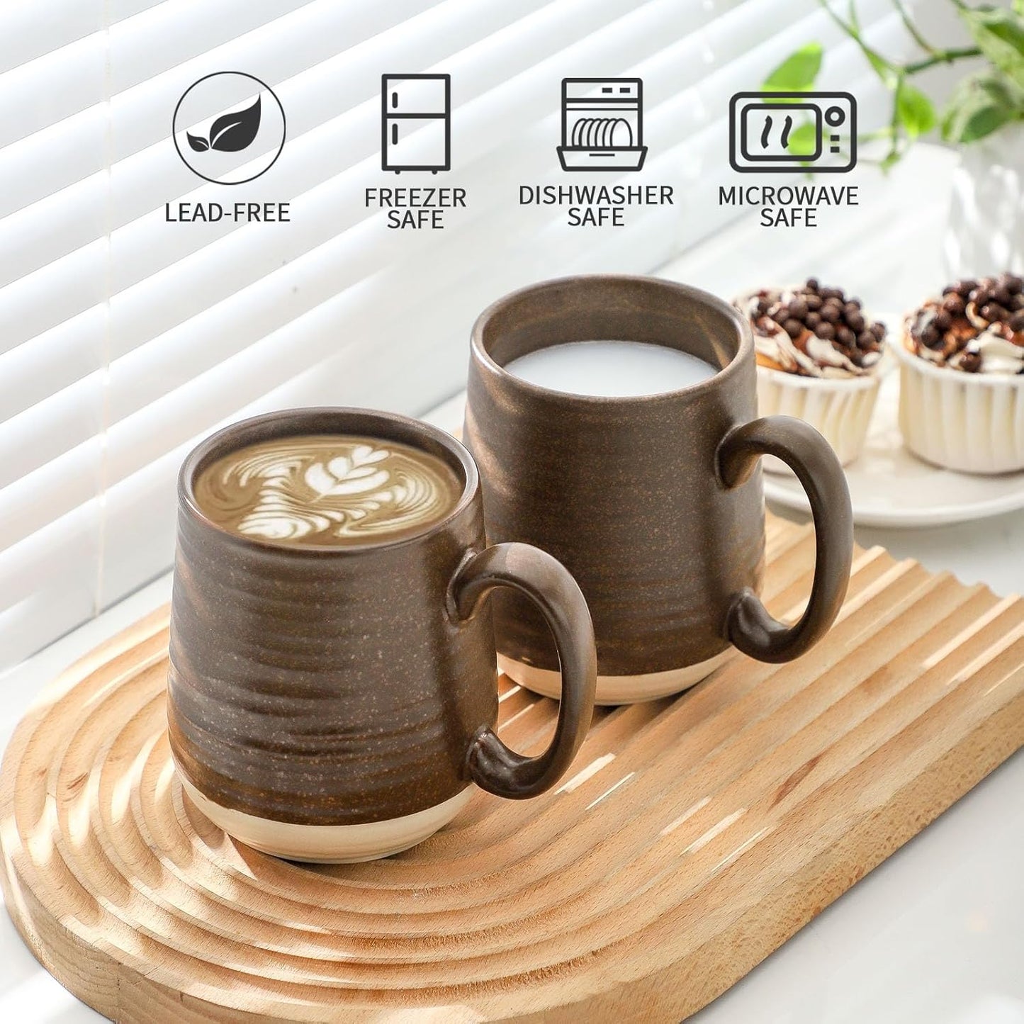 Hasense Porcelain Coffee Mugs Set of 6, 15 Ounce Large Ceramic Coffee Cups Set with Handle for Latte, Tea, Cocoa and Hot Chocolate, Brown Coffee Mugs for Men and Women, Microwave Safe