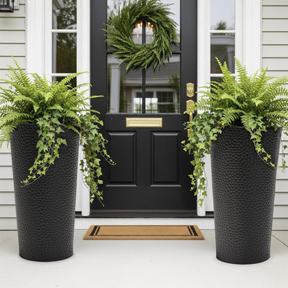 Worth Garden 2-Pack 28" H. Metal Planter with 2X Inside Pots - Hand-Hammered Texture Tall Narrow Tapered Plant Pots - Large Handcrafted Flower Pot for Indoor Outdoor, Deck, Patio, Front Porch (Black)