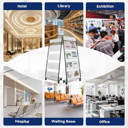 4-Tier Floor-Standing Magazine Rack with Wheels – Perfect Brochure Display Stand for Exhibitions, Offices, and Information Hubs (Black-White)