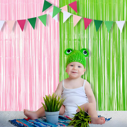 BRAVESHINE Party Streamers Backdrop - 2 Pack 3.2ft X 8.2ft Tinsel Foil Fringe Curtains for Halloween/Boo/Fairy/Girl Birthdays/Wizard/Baby Shower/Photos Booths/Pink and Green Party Decorations
