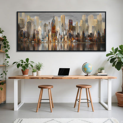 Framed Large Cityscape New York Wall Art Canvas Prints Abstract Brown City Theme Paintings Modern Canvas Wall Art for Living Room Pictures Wall Decor Bedroom Big Size 31x70