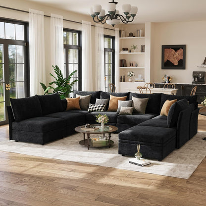 134.6" Modular Sectional Sofa, U Shaped Couch Set for Living Room, Large 8-Seater Comfy Cloud Couches with Movable Storage Ottoman,DIY Combination - Chenille Black