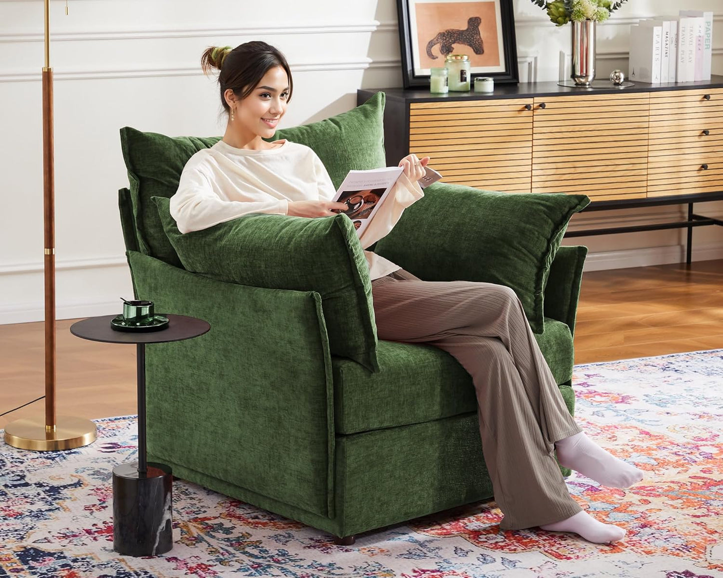 Oversized Accent Chair, Upholstered Modern Sofa Chair with Removable Backrest & Detachable Cover, 24.5" Deep Seat Large Reading Armchair for Living Room Bedroom Office - Chenille Green Set of 2