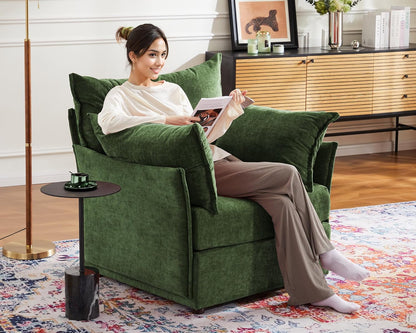 Oversized Accent Chair, Upholstered Modern Sofa Chair with Removable Backrest & Detachable Cover, 24.5" Deep Seat Large Reading Armchair for Living Room Bedroom Office - Chenille Green Set of 2