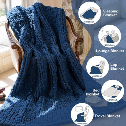 Chunky Knit Blanket - Luxury Soft Cozy 40 * 50 Throw Blanket,100% Woven Blanket Rope Knot Throw Blanket for Couch, Sofa, Home Decor, Gift - Machine Washable（Deep Blue）