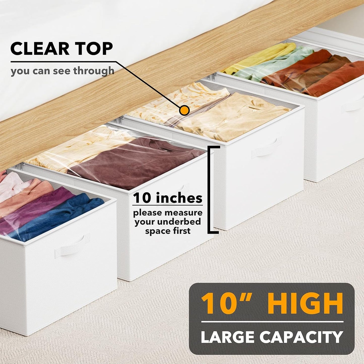 SpaceAid 4 Pack 10" High Under Bed Storage Containers, Large Underbed Storage Organizer Bins with Lids for Bedroom, Dorm, Clothes, Closet Organization, Bed Sheets and Blankets (White)