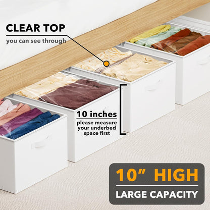 SpaceAid 4 Pack 10" High Under Bed Storage Containers, Large Underbed Storage Organizer Bins with Lids for Bedroom, Dorm, Clothes, Closet Organization, Bed Sheets and Blankets (White)