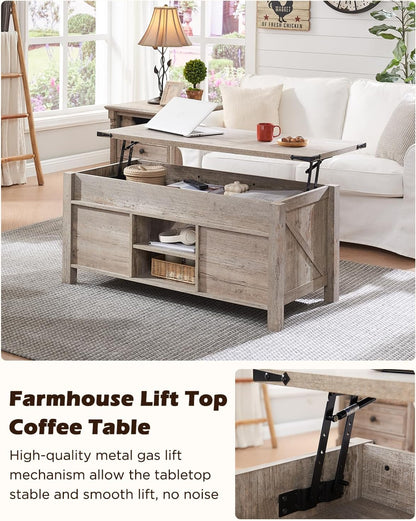 OKD 48" Farmhouse Lift Top Coffee Table with Sliding Barn Door, Rustic Center Table w/Hidden Storage Compartment, Lift Tabletop Dining Table w/Adjustable Shelf for Living Room,Light Rustic Oak