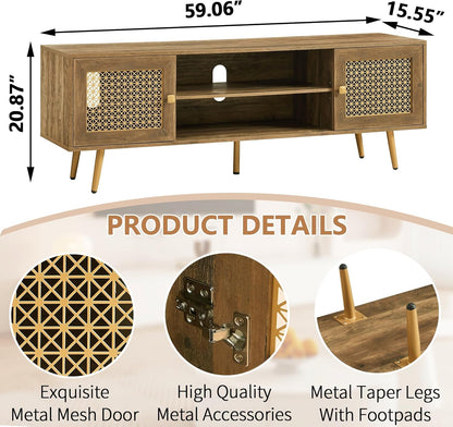 Mid Century Modern TV Stand with Metal Mesh Doors and Open Shelf for Tvs up to 65" Boho Media Console Entertainment Center with Cable Holes for Living Room Rustic Oak 59.06"x15.55"x20.87"