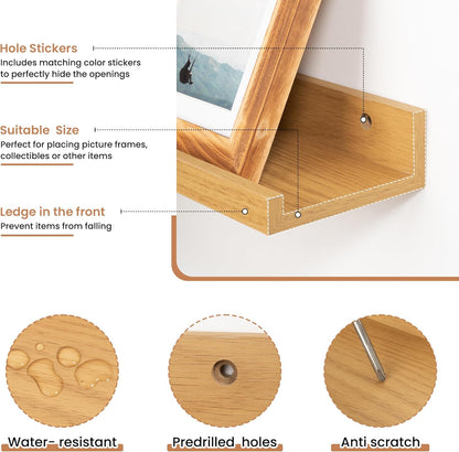 Fun Memories Picture Ledge Shelves Set of 2, 36 Inch Rustic Wall Mounted Floating Shelves with Lip for Home Storage and Décor in Bathroom, Kitchen, Nursery, Bedroom, Living Room, Oak