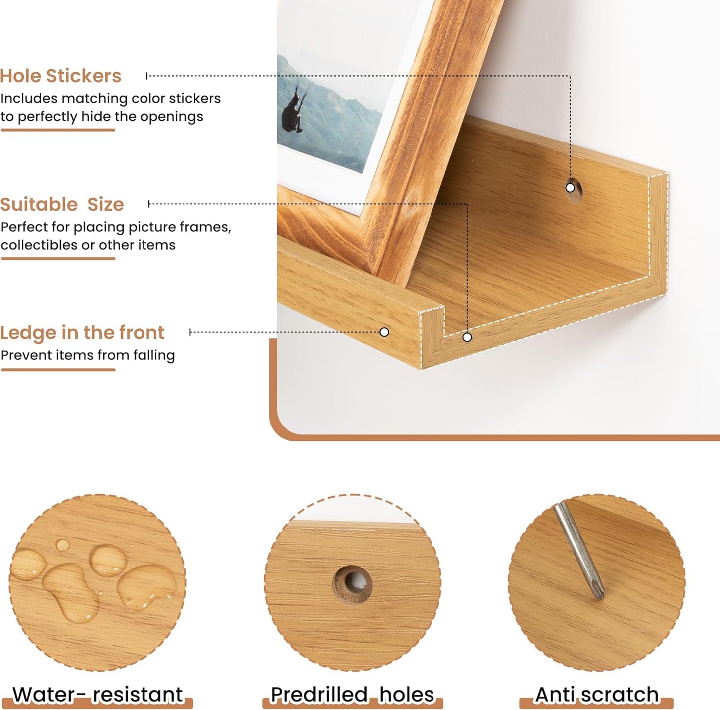 Fun Memories Picture Ledge Shelves Set of 2, 32 Inch Rustic Wall Mounted Floating Shelves with Lip for Home Storage and Décor in Bathroom, Kitchen, Nursery, Bedroom, Living Room, Oak