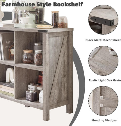 Farmhouse 6 Cube Bookshelf, Rustic Grey Oak Wooden Storage Organizer Book Shelf, 47 Inch Cubby Hallway Bookcase, Kids Toy Storage Cabinet, Modern Open Book Case for Living Room, Hallway