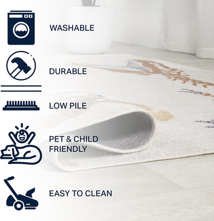 JONATHAN Y Machine-Washable Cream/Multi Runner Rug, 2x8, Kingdarr T-Rex Modern, Casual, Kids & Novelty for Living Room, Dining Room, Bedroom, Kitchen Easy-Cleaning, Non-Shedding (KDW103A-28)