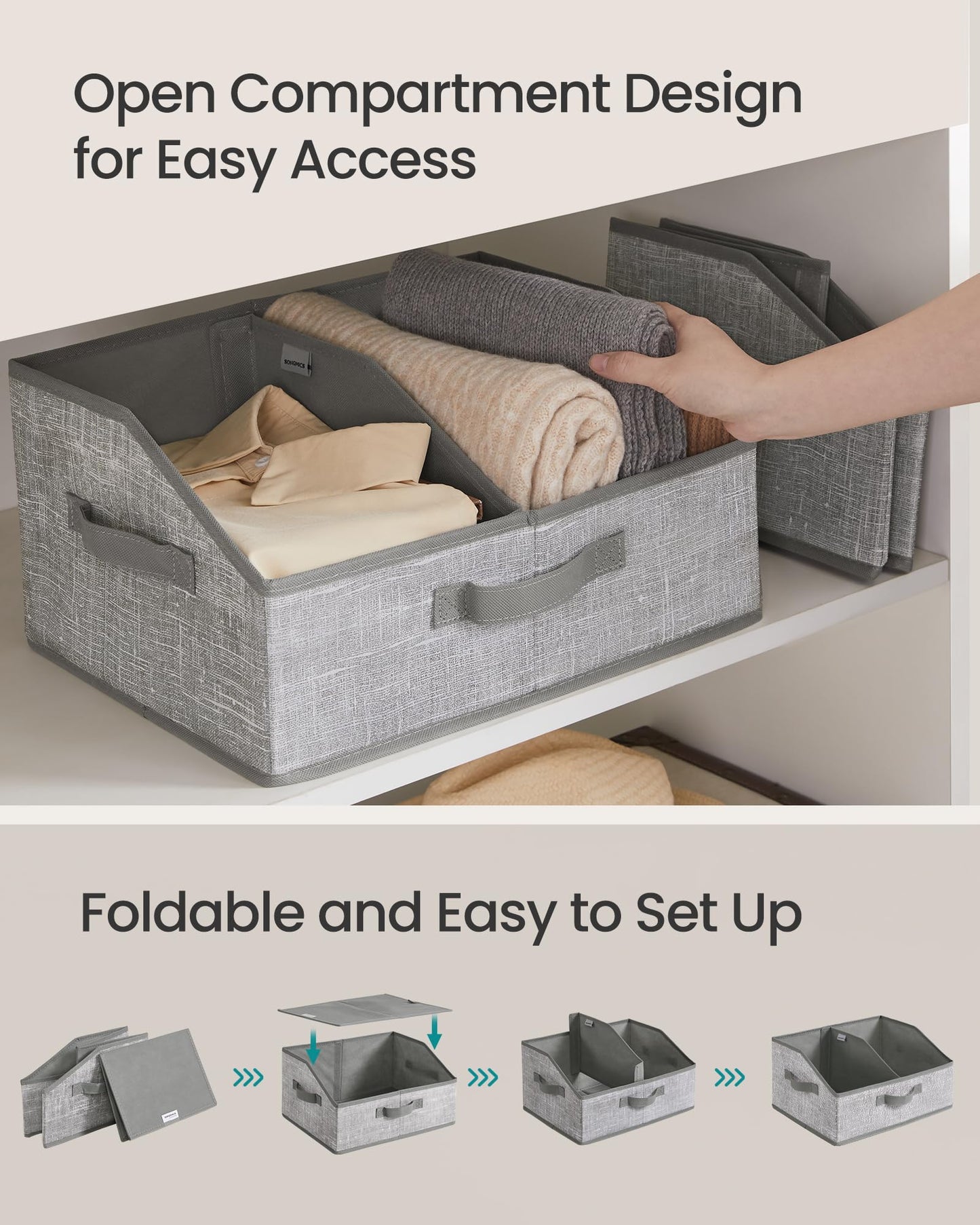 SONGMICS Storage Baskets, Set of 6, Foldable Closet Organizer for Shelves
