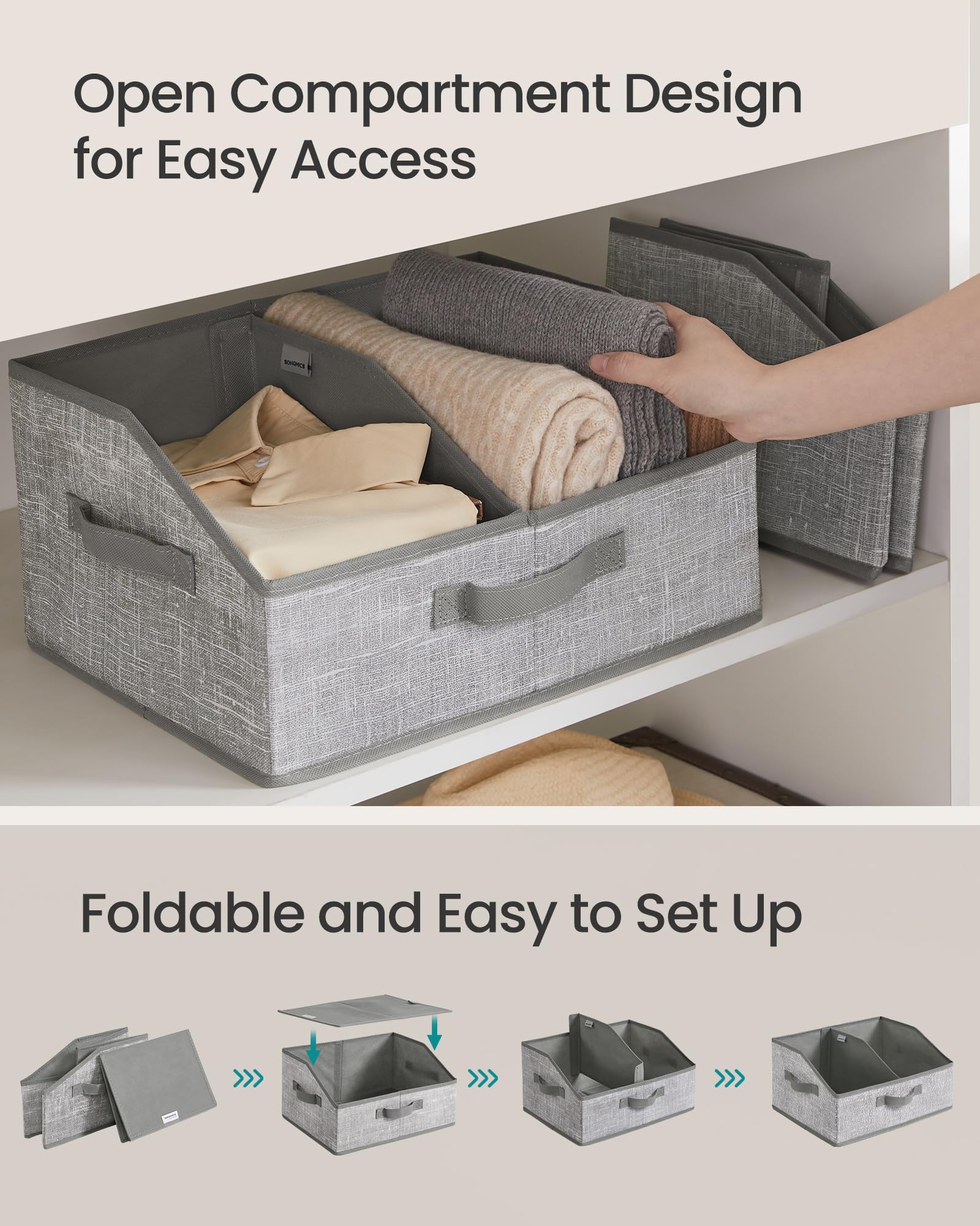SONGMICS Storage Baskets, Set of 6, Foldable Closet Organizer for Shelves
