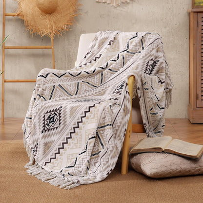 CASAAGUSTO Boho Throw Blanket - Beige and Gray Decorative Blankets with Tassel, Printed Flannel Bohemian Blanket for Chair, Bed, Sofa, Couch(50 * 60, Beige and Gray)
