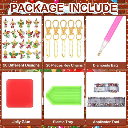 Tondiamo 20 Pcs Christmas Diamond Painting Keychain Kits 5D DIY Diamond Art Pendants Double Sided Hanging Key Chains for Christmas Party Decoration DIY(Angels Style)