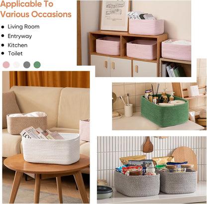 OIAHOMY 4 Pack 14.17*11.02*6.3IN Storage Baskets for Organizing Shelves, Woven Rope Baskets for Organizing Books, Clothes, Decorative Basket for Living Room, Nursery, Bedroom, Gift Basket, Pink