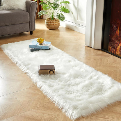 AMTOVO Faux Fur Rug, White Ultra Soft Fluffy Shag Sheepskin Rug, 2 x 6 ft Runner Area Rugs for Bedroom Sofa Throw Cushion Room Decor, Rectangle