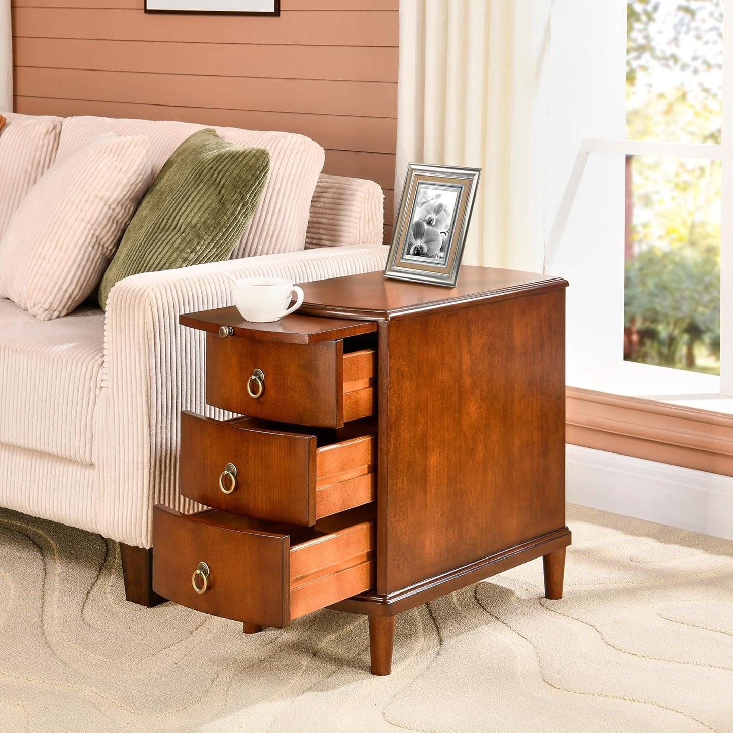PADMA HOUSE Solid Wood End Table with 3 Drawers, Fully Assembled Nightstand with Sliding Shelf, Pre-Assembled Vintage Wooden Beside Table in Cherry Brown for Small Space,13.4 * 22.4 * 22.6in