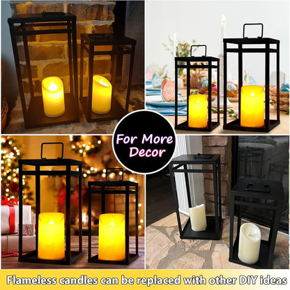 Modern Farmhouse Lantern Decor, 2Pcs Metal Candle Lanterns with Flameless Candles Black Decorative Lantern for Front Porch Covered Patio Dining Table Entryway Table Wedding Home Decor