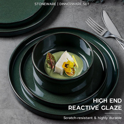Onader Stoneware Dinnerware Sets for 4, Reactive Glaze Plates and Bowls Sets, Ceramic Dish Dinner Set with Rustic Terracotta Bottom, 12 Piece Elegant Dishware - Emerald Green