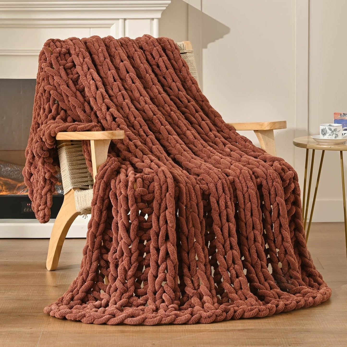 Esterra Chunky Knit Blanket Throw, 100% Handmade Chenille Throw Blanket 50"x60", Soft Thick Yarn Cable Knit Crochet Throw Blanket Rope Knot Throw for Couch Bed Sofa, Copper Brown