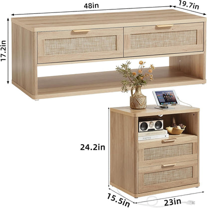 LEYAOYAO Boho Rattan Coffee Table and End Table Sets, 48" Wide Center Tables & 23" Night Stand with Charging Station Chest of Drawers, Natural Wood Coffee Table for Living Room 2 Piece Set