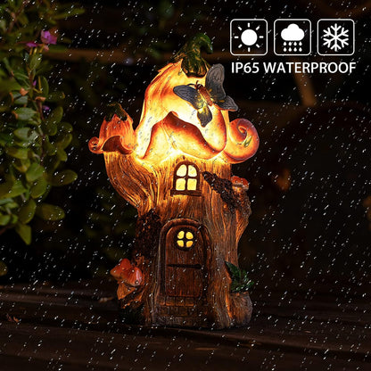 Fairy Garden Accessories Outdoor Statues, Mushroom House Decor,Large Gnome Solar Powered Lights Sculptures,Pink Resin Figurine Butterfly Figurines Lawn Ornaments for Patio Yard Decorations 11Inch