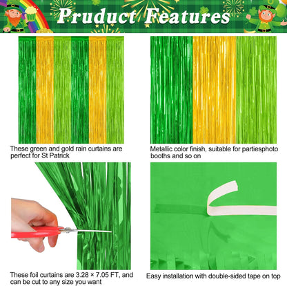 2 Pack St Patrick Party Decorations, 3.28 FT x 7.05 FT Green Gold Light Green Backdrop Curtains, Metallic St.Patrick Fringe Curtains Party Streamer Tinsel Backdrop, St Patrick Party Supplies