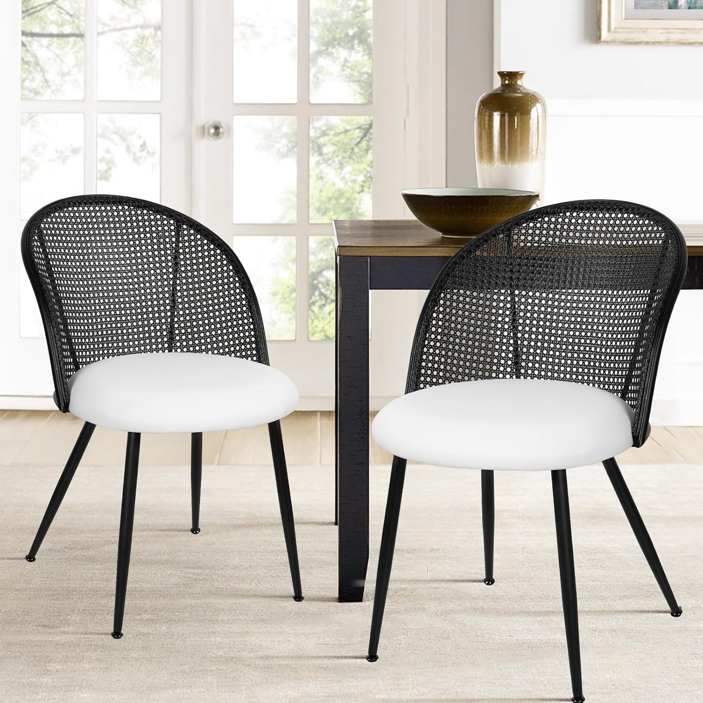 Rattan Dining Chairs Set of 2, Faux Leather Upholstered Dining Chairs with Black Cane Back, Mid-Century Modern Farmhouse Armless Accent Chairs for Kitchen Dining Room, Restaurant,White