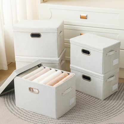 PRANDOM Collapsible Storage Bin with Lid [3-Pack] Fabric Foldable Storage Box Organizer Container Basket Cube with Cover for Home Bedroom Closet Office Beige(15.3x10x9.7)