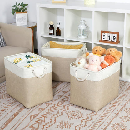 Bidtakay Extra Large Storage Baskets for Organizing 17x12x15.1 inch 3-Pack Fabric Closet Organizers Storage Bins with Handles Foldable Storage Baskets for Shelves Clothes XL-White&Beige