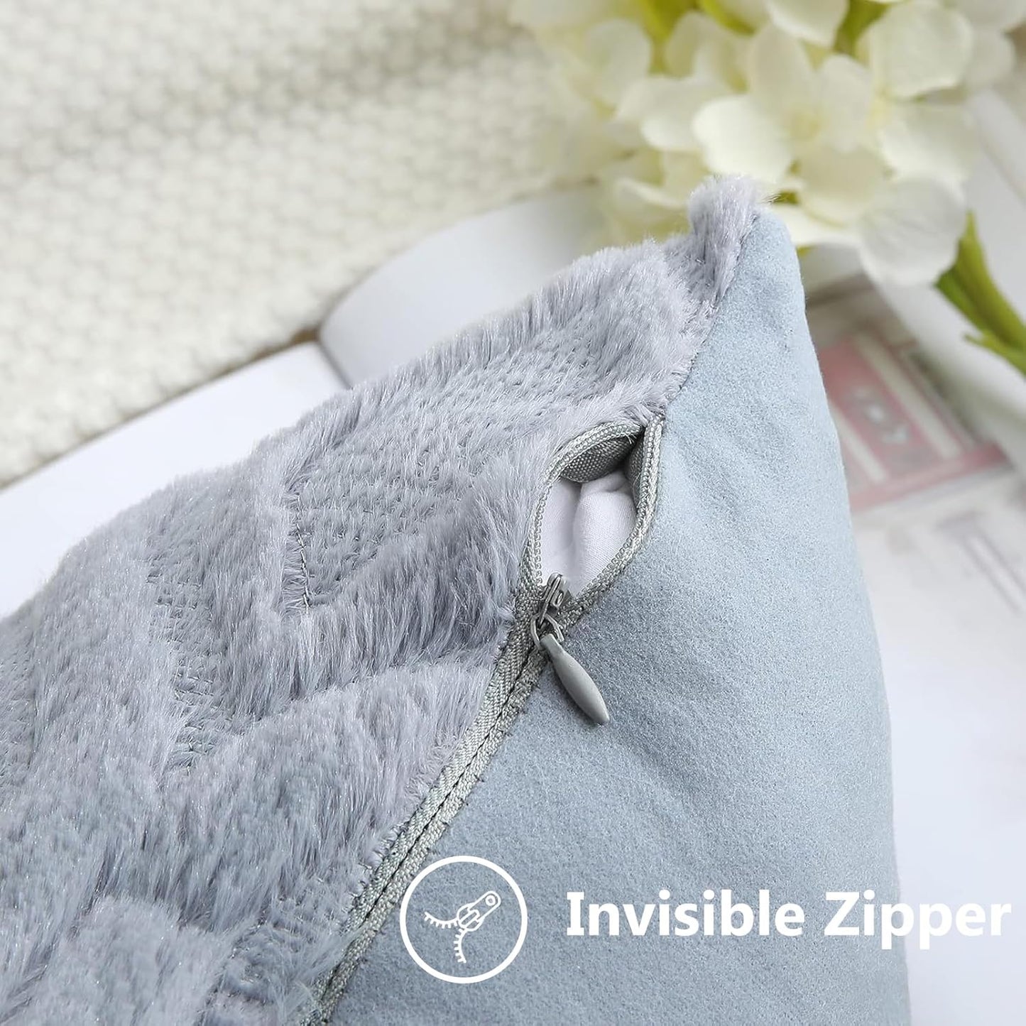 decorUhome Fall Throw Pillow Covers 16x16 Inch Set of 2, Soft Plush Decorative Faux Fur Blue Grey Solid Couch Pillow Covers, Accent Farmhouse Neutral Square Euro Pillow Cases for Sofa Bed Living Room