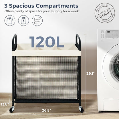 STO STO Laundry Hamper 3 Section, 120L Rolling Laundry Sorter Cart with Removable and Washable Liner Bag, Rolling Clothes Hamper with Metal Handle for Laundry Room and Bedroom