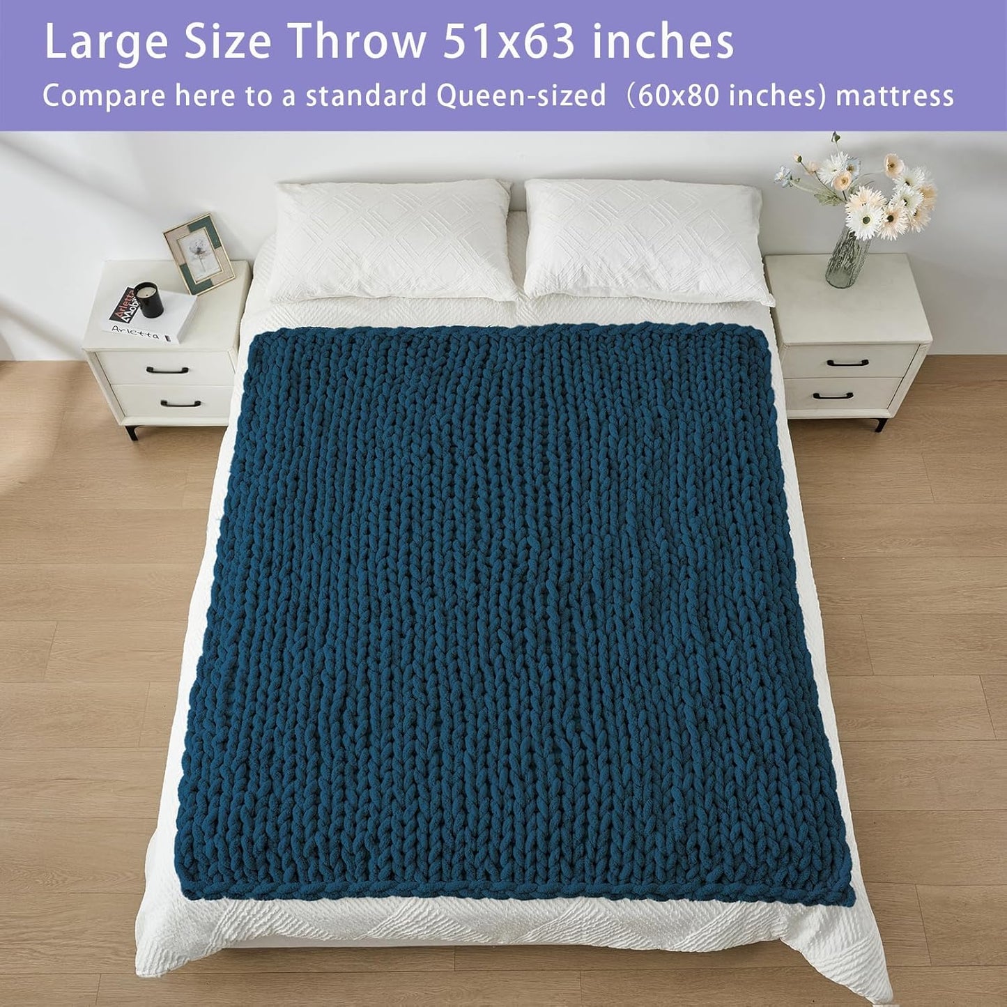 Bigacogo Chunky Knit Throw Blanket for Couch, 51x63 inches, 100% Hand Knitted with Thick Jumbo Chenille Yarn, Cozy Soft Large Rope Knot Cable Crochet Blankets for Sofa Bed Living Room, Deep Sea Blue