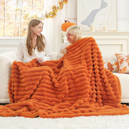 Cozy Bliss Fall Harvest Faux Fur Throw Blanket for Couch, Cozy Warm Plush Striped Blanket for for Decorating Couch Sofa Bedroom Living Room,60 * 80 Inches Burnt Orange