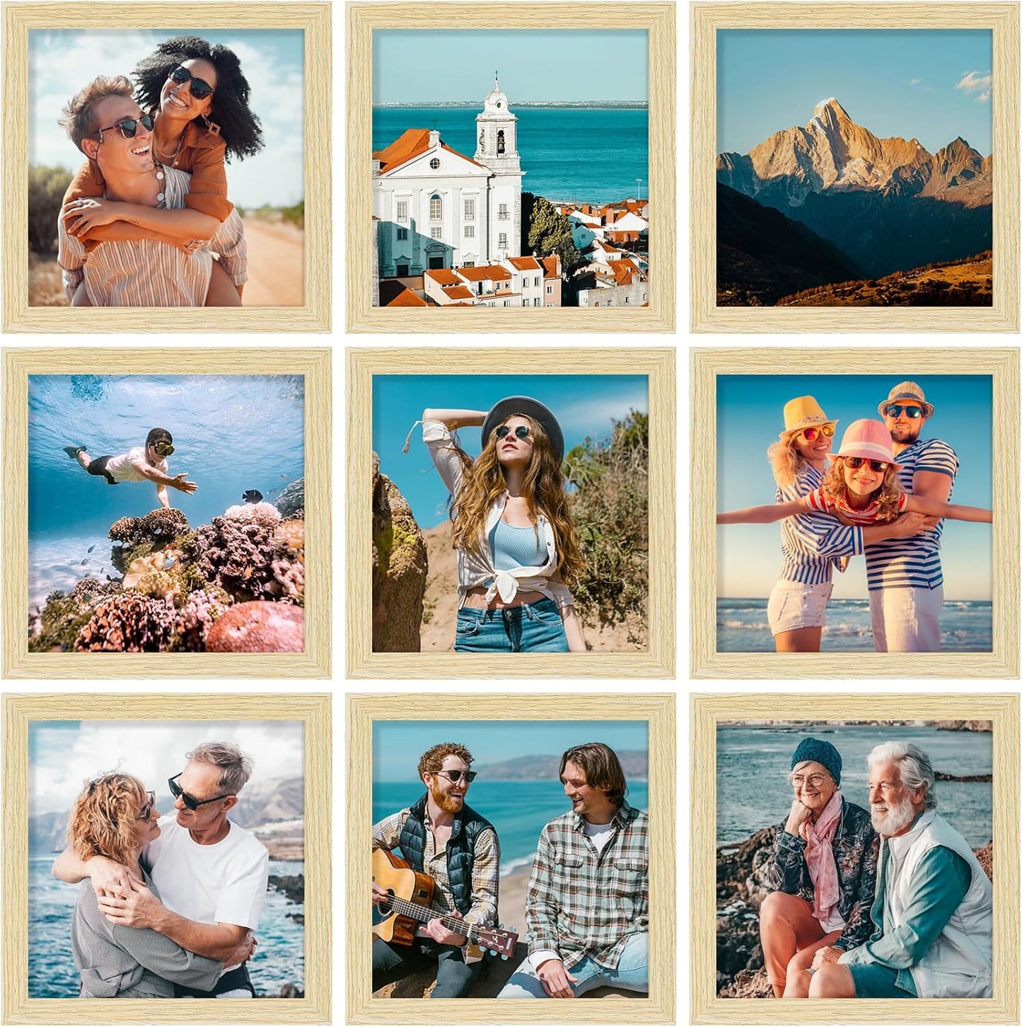 Vittanly 8x8 Picture Frames Set of 9, Shatter Resistant Plexiglass, Display 4x4 Pictures with Mat or 8x8 without Mat, Photo Frames for Wall Mount, Engineered Wood, OAK