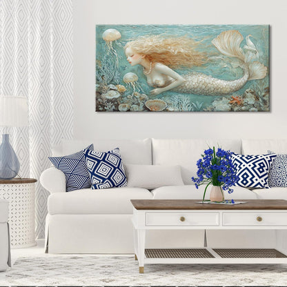 LASMOND Ocean Mermaid Wall Art for Girls Room Modern Canvas Prints Marine Organism Underwater World Sea Creatures Artwork Paintings Women Bedroom Wall Decor (30x16 Inches)