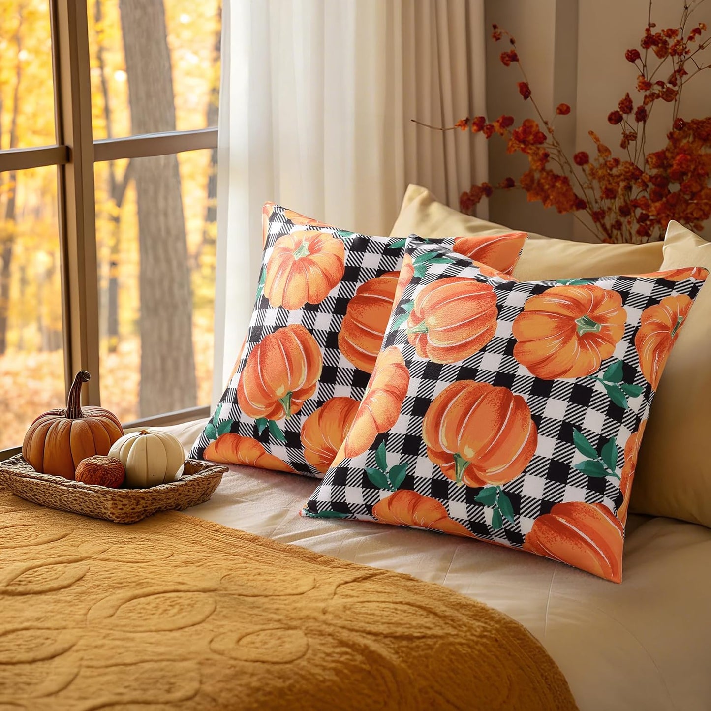 decorUhome Fall Orange Pumpkin Decorative Throw Pillow Covers 12x20 Set of 2, Lumbar Buffalo Plaid Check Farmhouse Cushion Covers for Autumn Harvest Couch Sofa Bed Home Decor