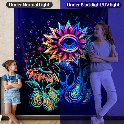 ADDWel Blacklight Sunflower Tapestry, Hippie Eye Tapestry Glow In The Dark, UV Reactive Black Light Upright Posters Wall Hanging for Bedroom Dorm Living Room Backdrop Decor
