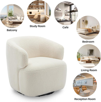 Swivel Accent Chair, Sherpa Teddy Barrel Chair for Living Room, Cozy Round Boucle Arm Chair, Metal Base for Club Nursery Bedroom, Beige Cream White