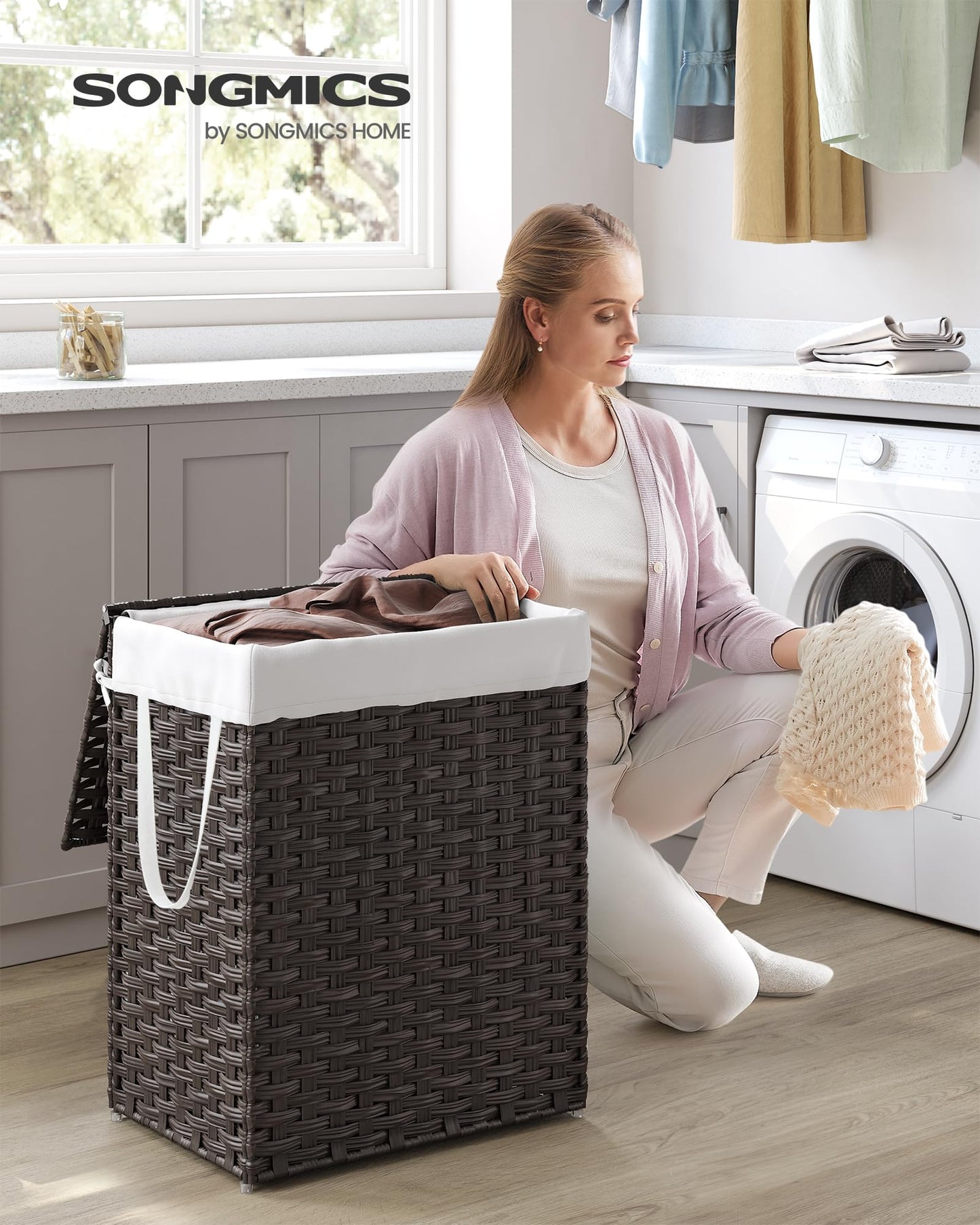 SONGMICS Laundry Hamper with Lid, 23.8 Gallon (90 L) Synthetic Rattan Clothes Laundry Basket with