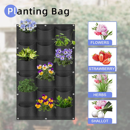 18 Pockets Hanging Planter Bags, Hanging Vertical Wall Mounted Plant Planting Grow Bags, Herb Garden Planter Outdoor Indoor Growing Bag, Gardening Vertical Greening Flower Container(1m×0.5m, Black)