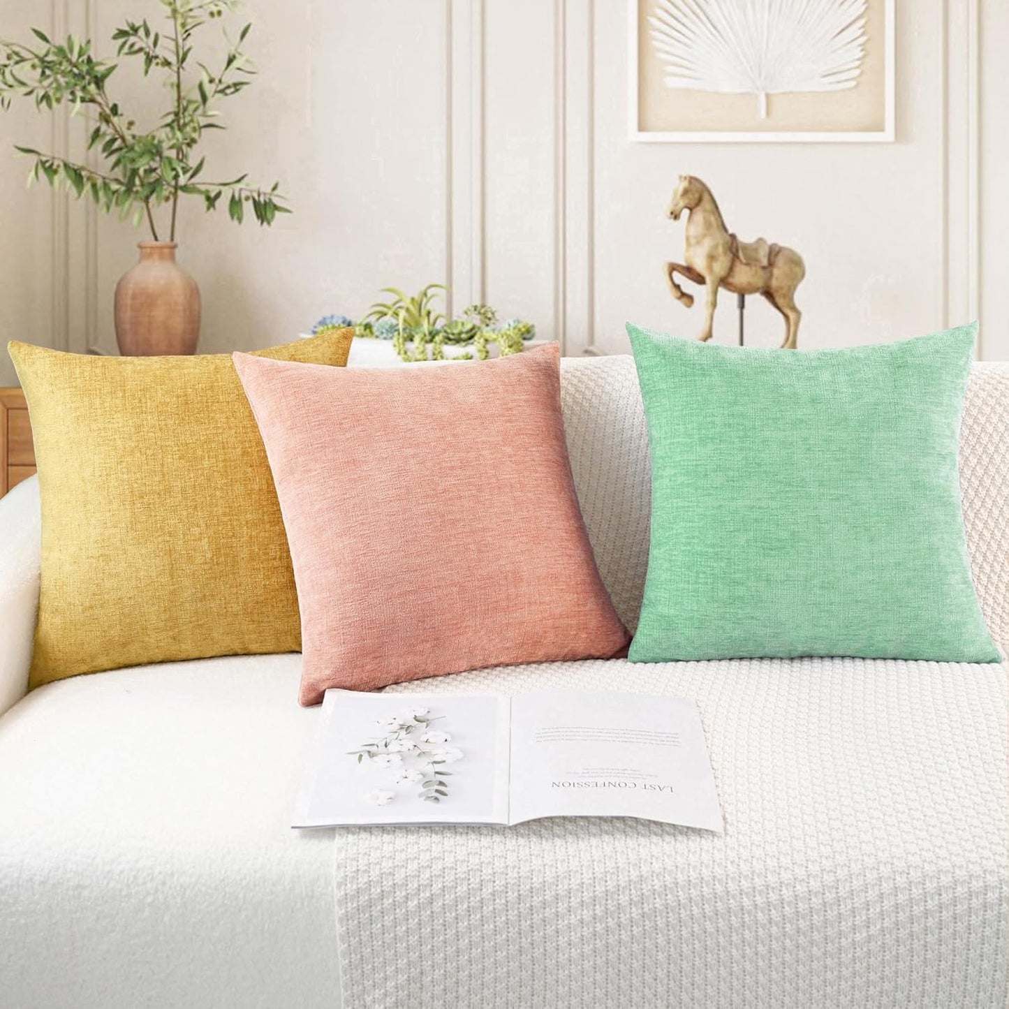 CaliTime Throw Pillow Covers Decorative 16 X 26 Inches Pack of 2 Cozy Chenille Cushion Cases for Couch Sofa Bed Living Room Home Grey Green