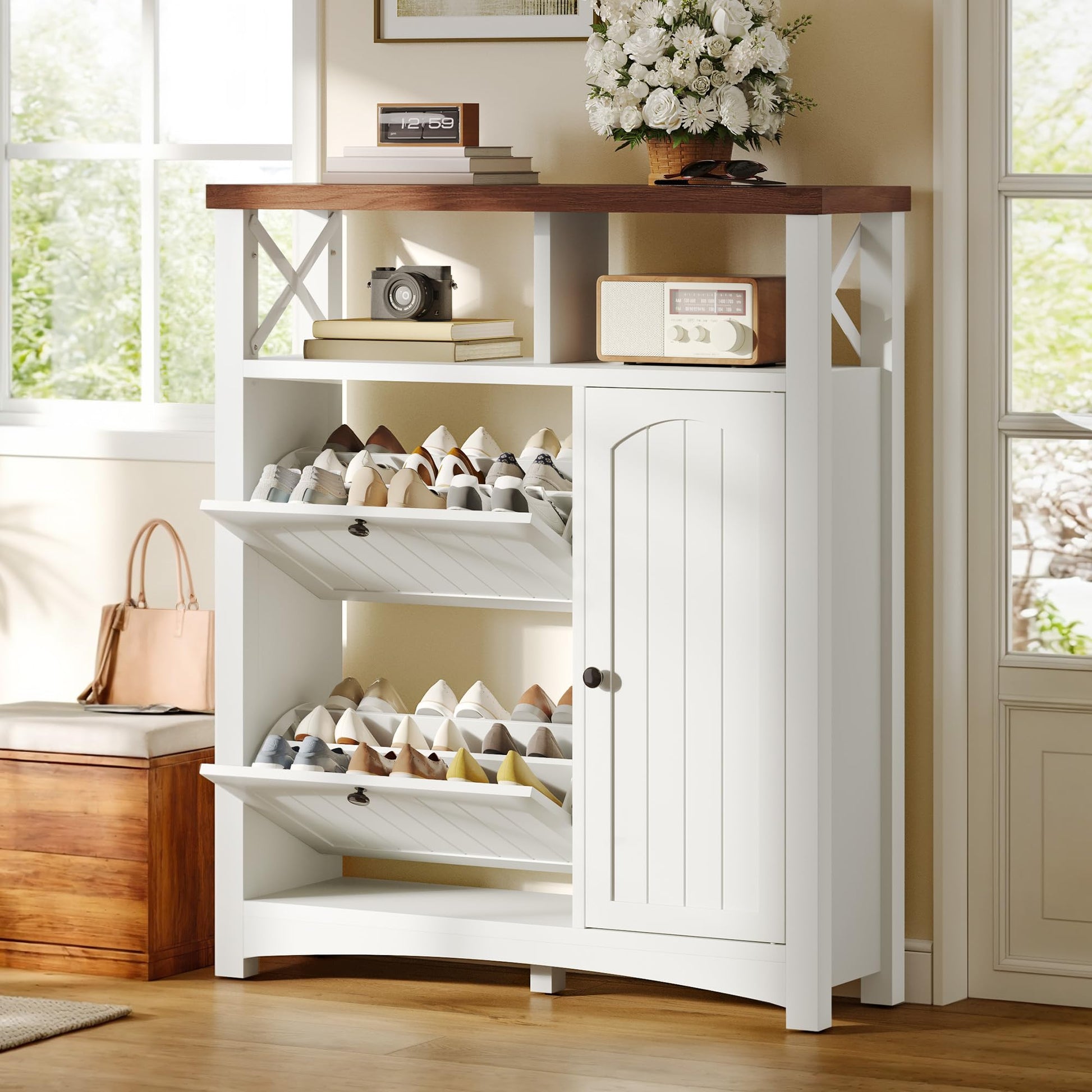 DWVO Farmhouse Shoe Cabinet with 2 Flip Drawers